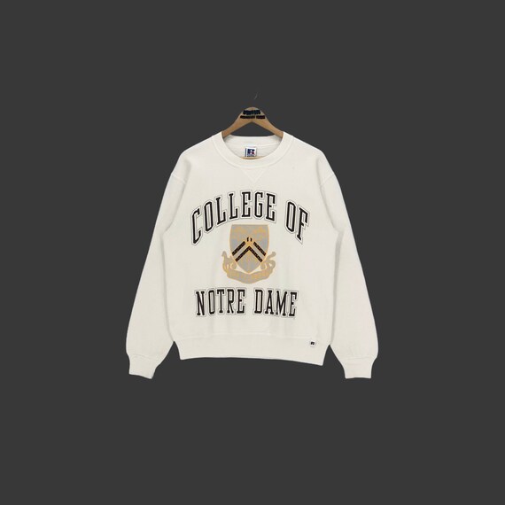 stuffofnatureandarts Vintage 90s University of Notre Dame Sweatshirt College of Notre Dame Collegiate NCAA Crewneck Pullover Big Logo Embossed Print Size S