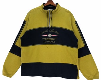 Vintage Elle Homme Paris Quarter Zipped Turtleneck Sweatshirt Embroidery Pullover Oversized Big Logo Designer Size L