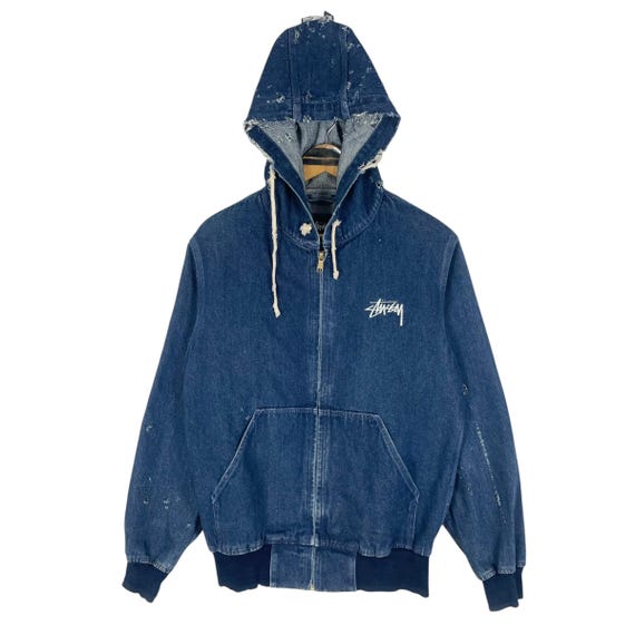 Vintage Stussy Denim Hooded Jacket: Distressed Embroidered Logo