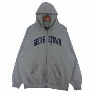 May include: A grey zip-up hoodie with a hood and front pockets. The word "GEORGETOWN" is printed across the chest in navy blue. The hoodie is hanging on a wooden hanger.