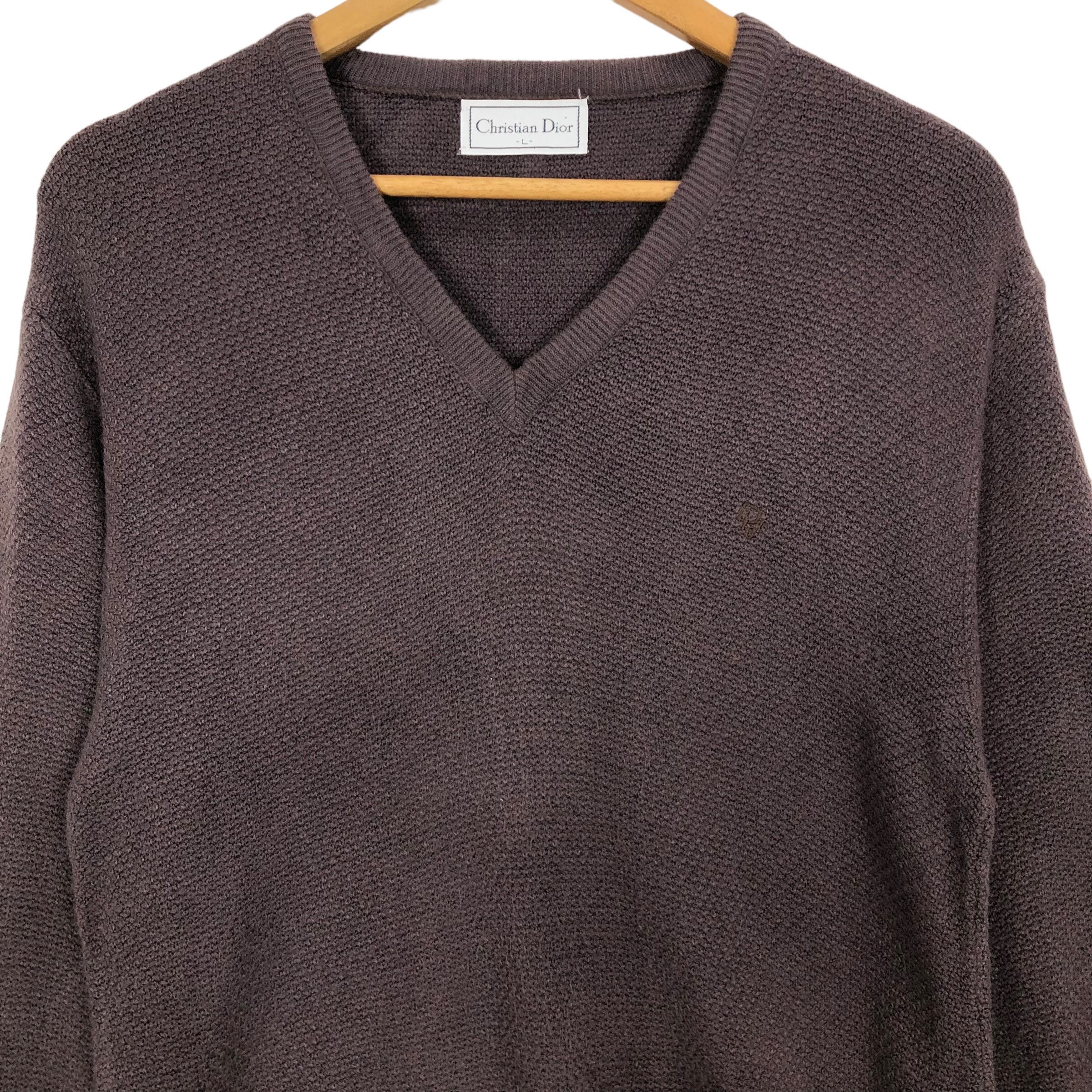 Vintage Christian Dior V-neck Knit Sweater: Embroidered Logo, Made