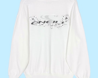 May include: White O'Neill sweatshirt with a crew neck and long sleeves. The back features the O'Neill logo in gray, with floral accents. The sweatshirt is hanging on a wooden hanger against a light blue background.
