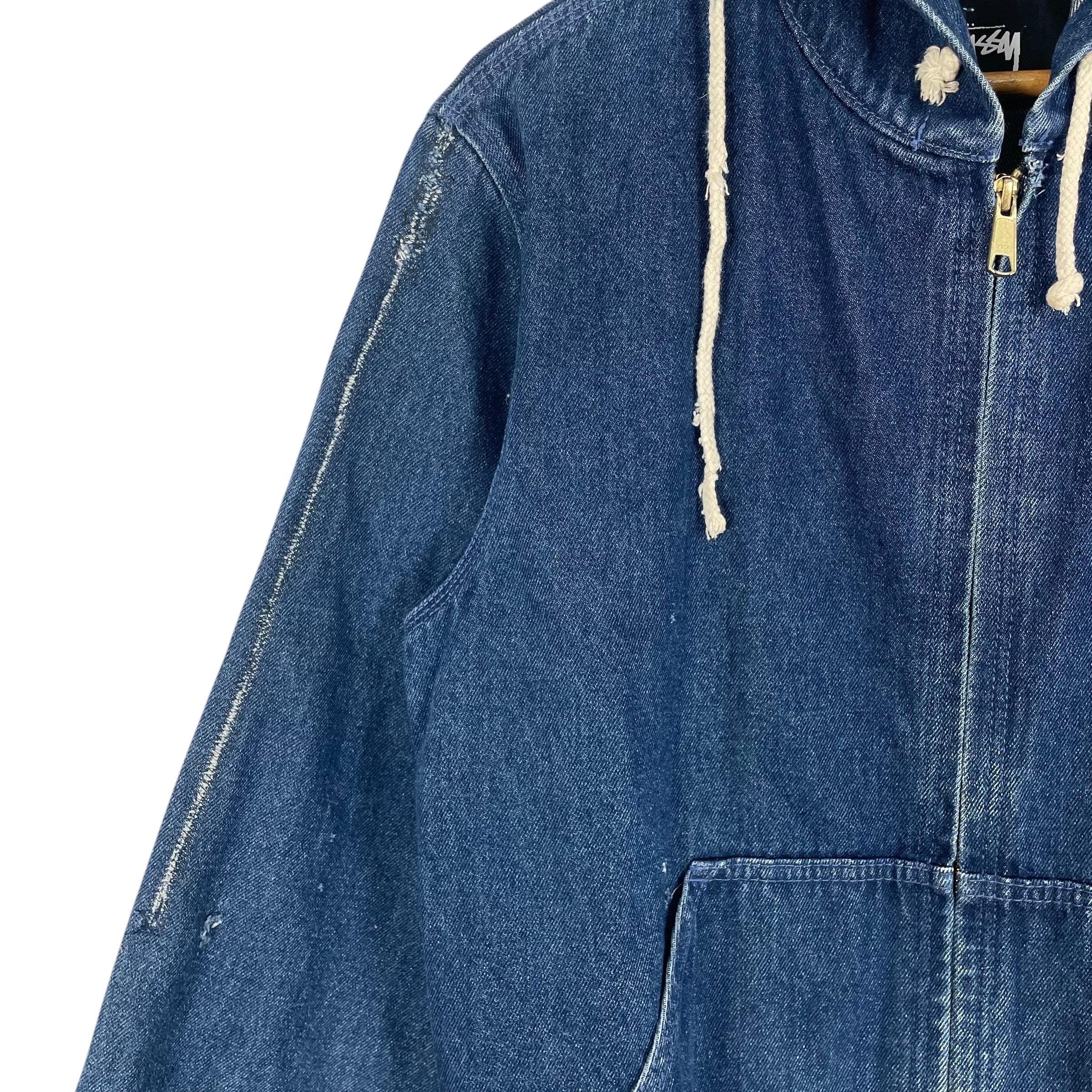 Vintage Stussy Denim Hooded Jacket: Distressed Embroidered Logo 