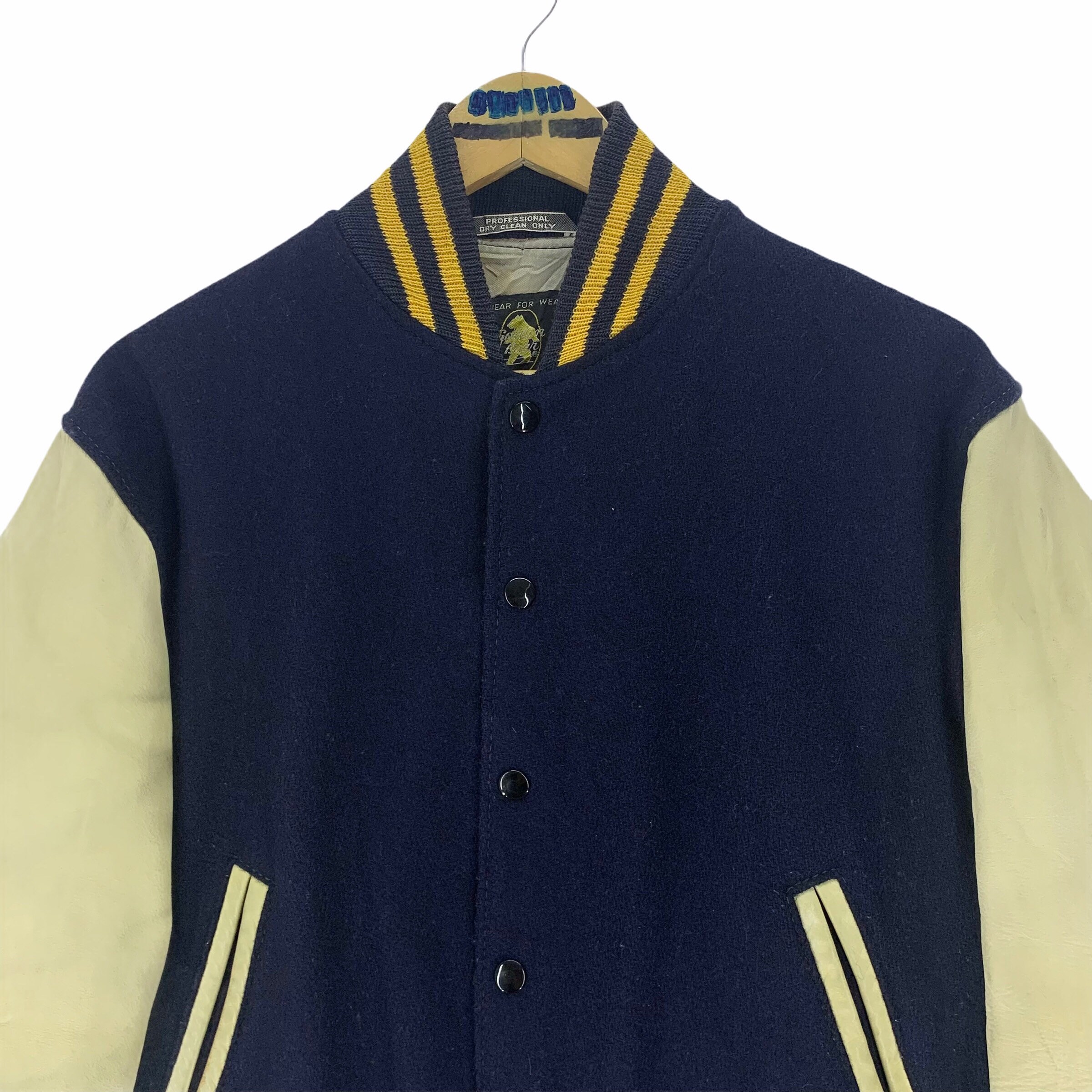 ジャケット・アウター 90s GOLDEN BEAR virsity jacket L navy Vintage 90s Golden Bear Wool Leather Varsity Jacket Button up Made