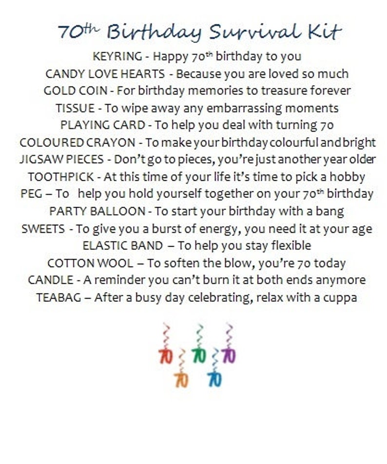 70th Birthday Survival Kit With Keyring Choose From Lilac or  Etsy