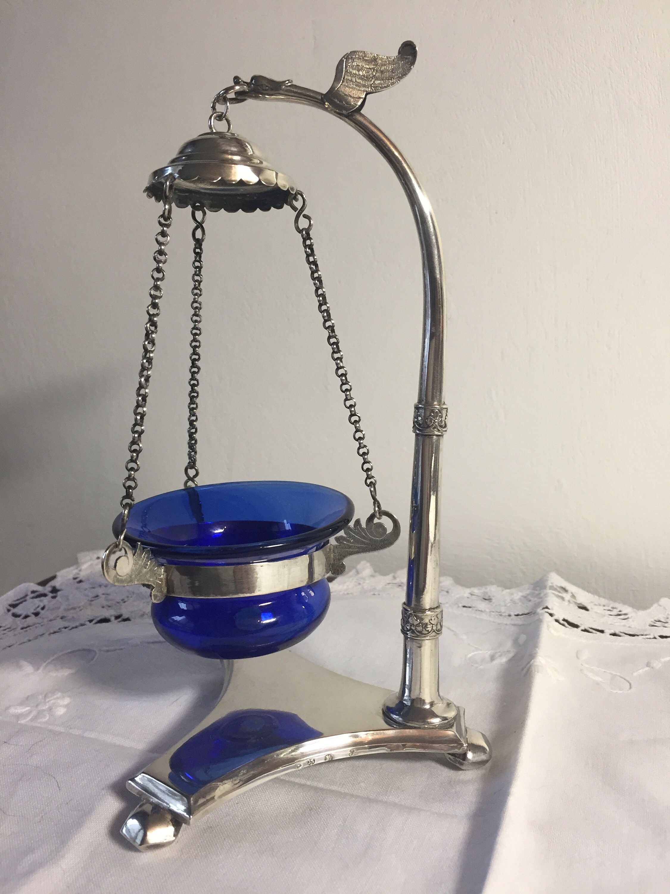 Veilleuse en Argent et Verre Bleu