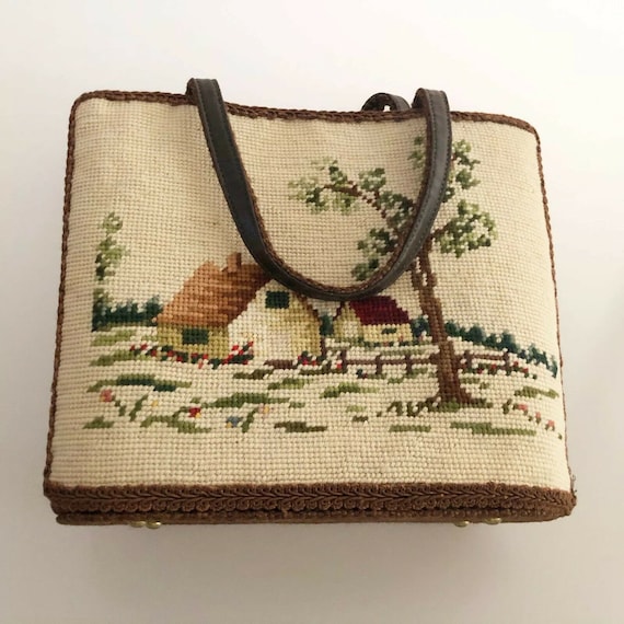 Vintage 1950’s Needlepoint Cottage Scene Handbag B