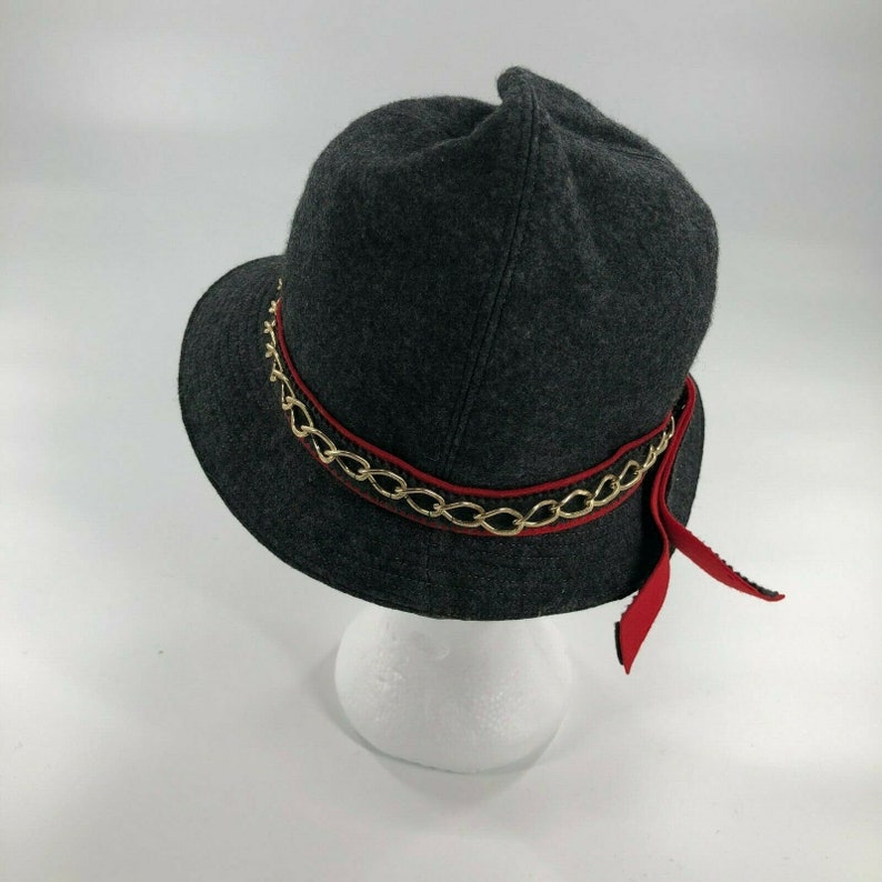 Magnin /& Co Vintage Miss Irene I Charcoal Gray Red Gold Belt Trim Hat
