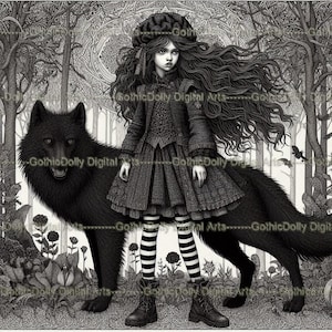 Puede incluir: Impresión de arte digital en blanco y negro de una niña con un vestido oscuro y calcetines a rayas, de pie junto a un gran lobo negro en un bosque. La niña lleva un sombrero y botas. La obra de arte tiene un tema gótico.