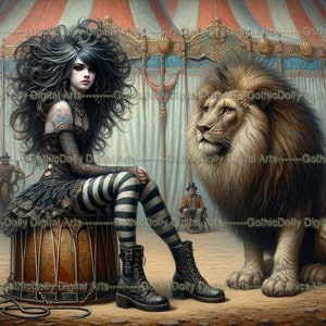 Puede incluir: Ilustración artística de una escena de circo. Una persona con cabello negro largo y mallas a rayas está sentada en un tambor junto a un gran león. El fondo presenta una carpa de circo y otros artistas de circo.