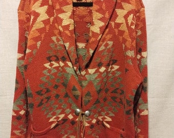 Vintage Hand Knit Ralph Lauren Southwest Design Cardigan Sz XL.