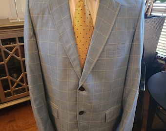 Vintage 70's W&S Light Blue Windowpane Unstructured Sport Coat Sz 40R.