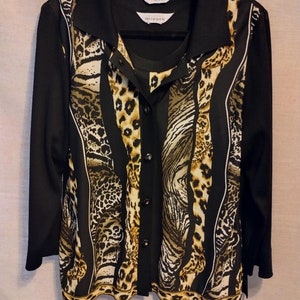 Vintage Exclusively Misook Animal Print Button Front Cardigan/Shell Set Sz L