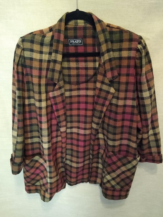 Vintage Prato 100% Wool Plaid Open Front Jacket - image 1