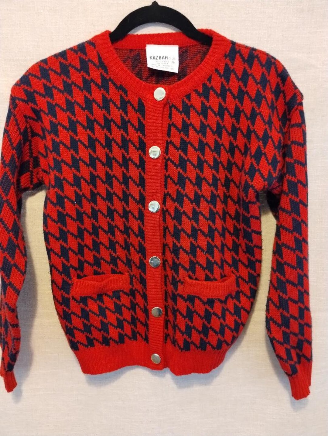 Vintage 80's Kazbah 100% Acrylic Red and Black Houndstooth