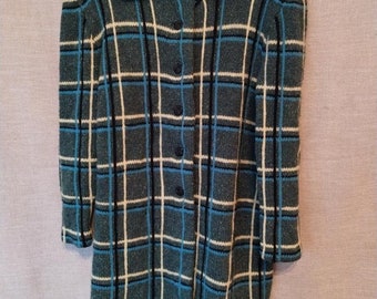 Vintage 60's Mod/Retro Plaid Long Knit Cardigan XL