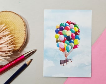 Postkarte Pinguin Luftballons