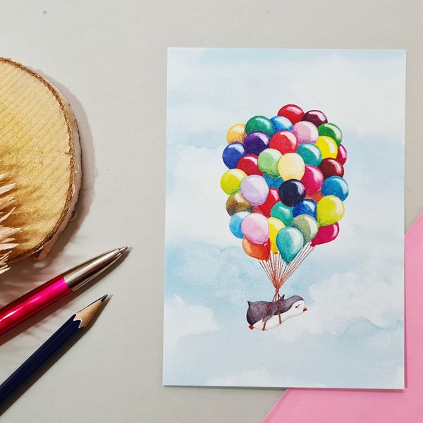 Postkarte Pinguin Luftballons