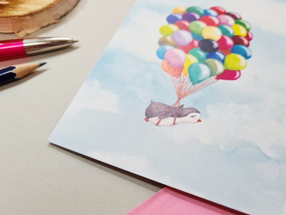 Postkarte Pinguin Luftballons - .de