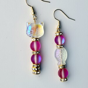 Mismatched Cat Fish Earrings Pink Mermaid Glass Bead Dangle