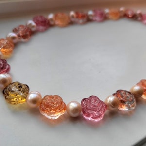 Freshwater Pearl & Glass Rose Choker Necklace Collar Autumn Pink Peach Orange Brown