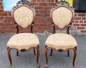 Pair Antique 19th Century Satinwood Ebony Carved Victorian Parlour Chairs c.1880