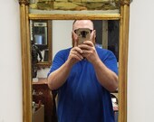 Antique Federal 19th Century Giltwood Eglomise Reverse Painted Gold Leaf Hanging Wall Mirror