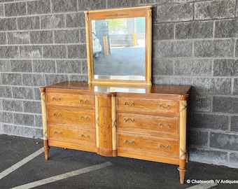 Antique French Neoclassical 1930s Inlaid Satinwood Mahogany Bedroom Dresser w/ Mirror