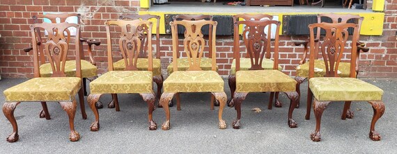 Set 10 Quality Mahogany Chippendale Style Dining Room Chairs 1950s