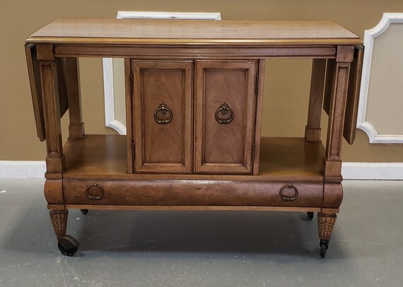 Vintage 1970s Fruitwood Thomasville Furniture French Provincial Drop Leaf Serving Cart Table