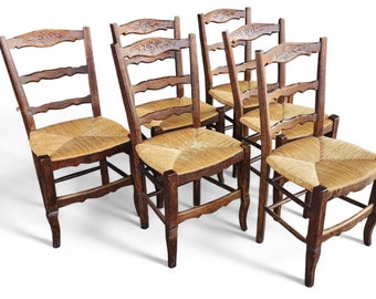 Set 6 20th Century French Country Oak Ladder Back Rush Seated Dining Chairs, c1980s