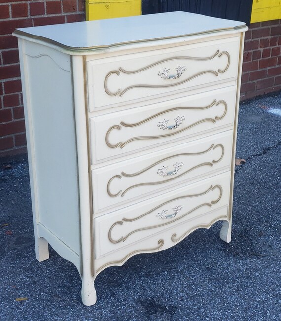 Painted White French Provincial Chic 1960s Bedroom 4 Drawer Chest Of Drawers