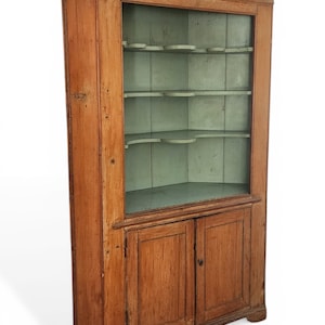 Antique Mid 19th Century Painted & Washed American Pine Primitive Corner Cabinet Cupboard, c1850