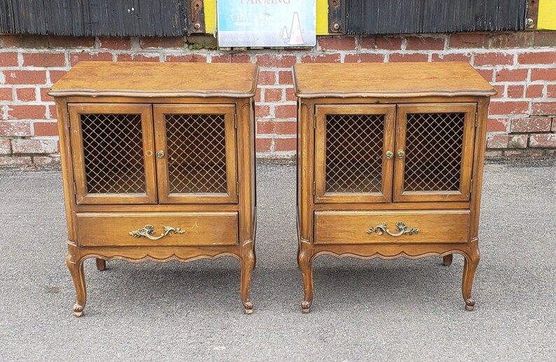 Pair 1970s Walnut French Provincial Bedroom Nightstand Tables
