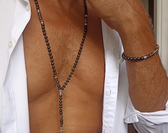 Men's Rosary Necklace: Onyx, Tiger Eye & Sterling Silver Cross