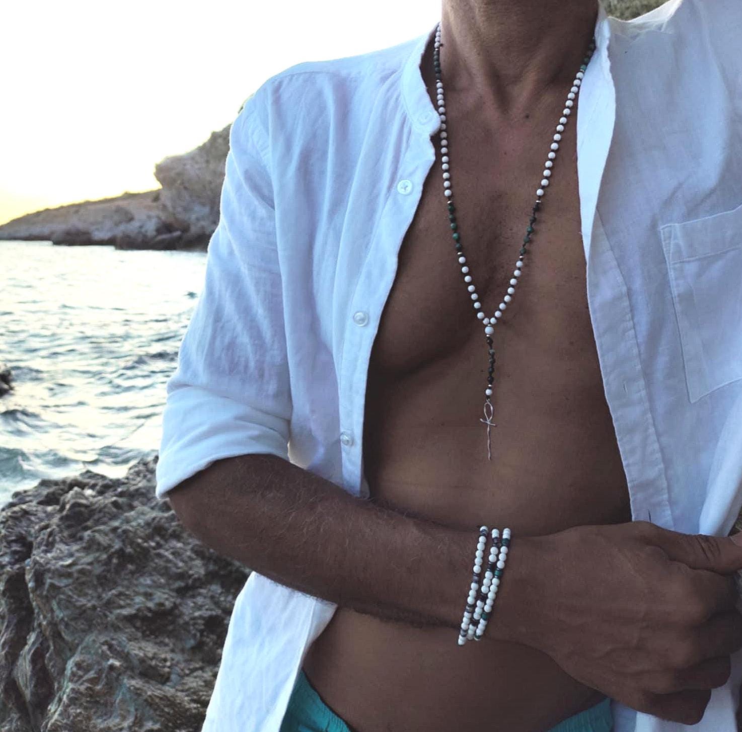 Collier chapelet pour homme - collier de perles Ankh - onyx blanc mat / euchlorite à facettes - argent sterling - protégé - tendance - fait main