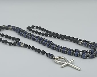 Handmade Sterling Silver Ankh Rosary-style Necklace – Onyx & Sodalite Beads