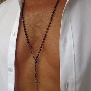 Herenrozenkransketting - kruisketting - rozenkranskralen - matzwarte onyx / tijgeroog - sterlingzilver - beschermd - trendy - handgemaakt