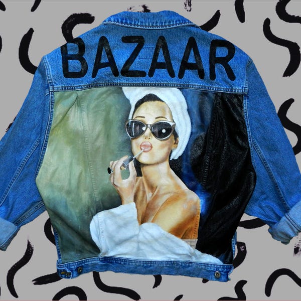 Vintage woman. Bazar magazin. hand painted denim jacket, painted clothing