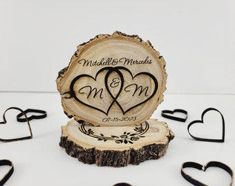 cake topper centerpiece wedding heart wood slice rustic engraved custom