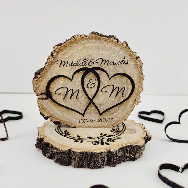 cake topper centerpiece wedding heart wood slice rustic engraved custom