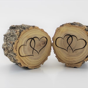 2 laser engraved hearts elm wood wedding center piece rustic decor farmhouse wedding outside party log rustic wedding custom personalize