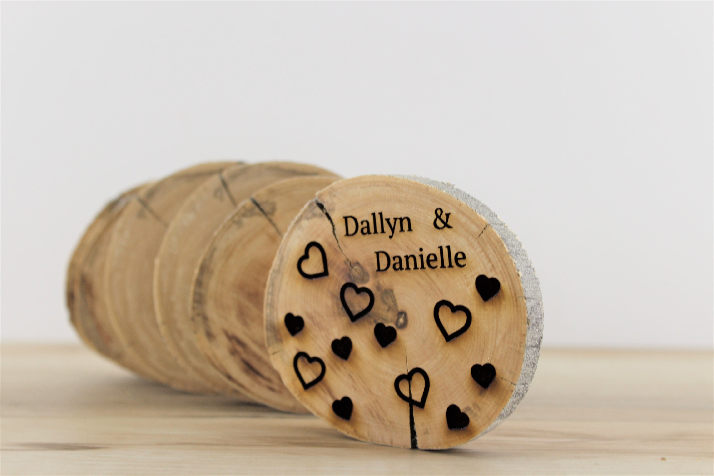 Wood slices set rustic wedding centerpiece farmhouse wooden tree slices rustic engraved hearts custom wood slice log set wood