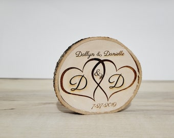 country wood center piece with initials, wedding, farmhouse, hearts, rustic engraved custom personalized country wedding wood slices