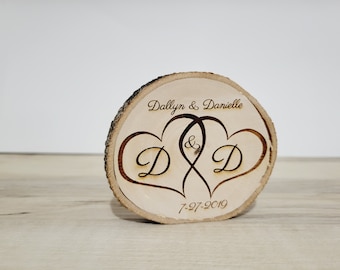 country wood center piece with initials, wedding, farmhouse, hearts, rustic engraved custom personalized country wedding wood slices