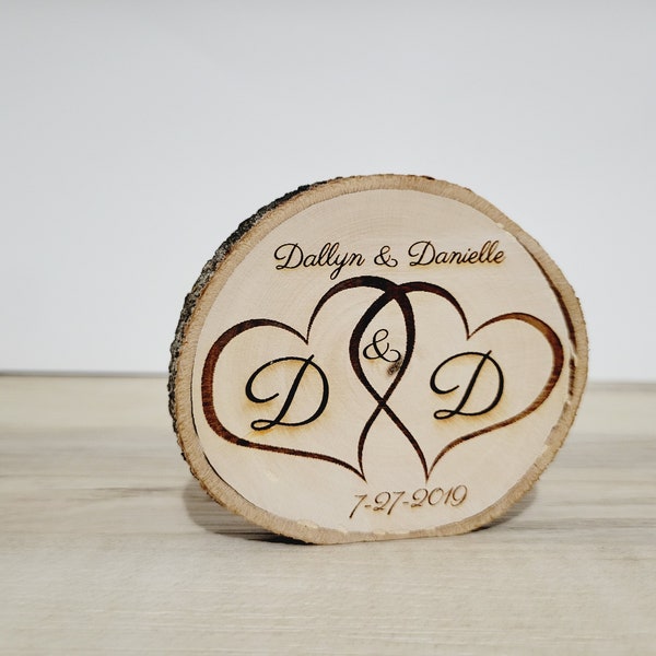 country wood center piece with initials, wedding, farmhouse, hearts, rustic engraved custom personalized country wedding wood slices