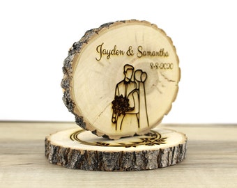centerpiece wood, country, wedding, farmhouse, cake topper, wood slices, rustic engraved custom personalized log slices bride groom