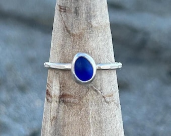Anillo de cristal marino azul cobalto, joyería apilable de plata de ley 925
