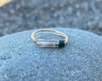 Moss Agate Bar Ring: Custom 14K Gold Fill Crystal Jewelry