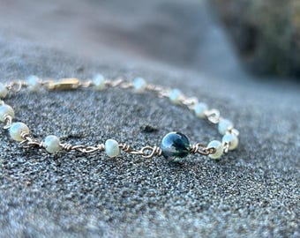 Moss Agate & Freshwater Pearl Bracelet: 14K Gold Filled Chain
